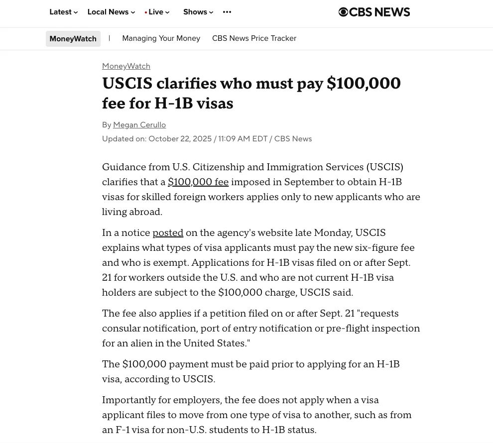 备受争议的H-1B“10万美元附加费”政策迎来重大转向。原定可能全面征收的高额费用,被大幅限缩适用范围,最终明确仅针对极少数特定情形,而绝大多数在美留学生群体被明确排除在外。